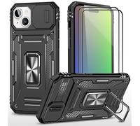 CLYDITE para Funda iPhone 15 Carcasa Silicona Negro con Cristal Templado [2 Piezas] Cubierta de cámara Deslizante TPU 360 Grados Anillo Giratorio Soporte Coche