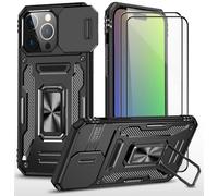 CLYDITE para Funda iPhone 15 Pro MAX Carcasa Silicona Negro con Cristal Templado [2 Piezas] Cubierta de cámara Deslizante TPU 360 Grados Anillo Giratorio Soporte Coche