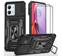 CLYDITE para Funda Motorola Moto G84 Carcasa Silicona Negro con Cristal Templado [2 Piezas] Cubierta de cámara Deslizante TPU 360 Grados Anillo Giratorio Soporte Coche