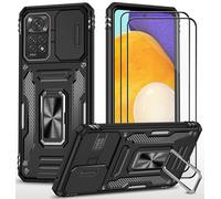 CLYDITE para Funda Redmi Note 11/Redmi Note 11S 4G Carcasa Silicona Negro con Cristal Templado [2 Piezas] Cubierta de cámara Deslizante TPU 360 Grados Anillo Giratorio Soporte Coche