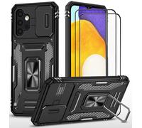 CLYDITE para Funda Samsung A13 4G/5G/A04S Carcasa Silicona Negro con Cristal Templado [2 Piezas] Cubierta de cámara Deslizante TPU 360 Grados Anillo Giratorio Soporte Coche