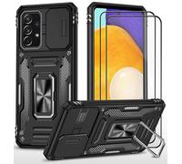 CLYDITE para Funda Samsung A52 4G/5G Carcasa Silicona Negro con Cristal Templado [2 Piezas] Cubierta de cámara Deslizante TPU 360 Grados Anillo Giratorio Soporte Coche