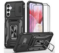 CLYDITE para Funda Samsung Galaxy A05S Carcasa Silicona Negro con Cristal Templado [2 Piezas] Cubierta de cámara Deslizante TPU 360 Grados Anillo Giratorio Soporte Coche