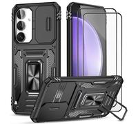 CLYDITE para Funda Samsung Galaxy S24 FE Carcasa Silicona Negro con Cristal Templado [2 Piezas] Cubierta de cámara Deslizante TPU 360 Grados Anillo Giratorio Soporte Coche