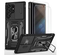 CLYDITE para Funda Samsung Galaxy S24 Ultra Carcasa Silicona Negro con Cristal Templado [2 Piezas] Cubierta de cámara Deslizante TPU 360 Grados Anillo Giratorio Soporte Coche