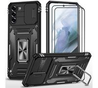 CLYDITE para Funda Samsung S21 Carcasa Silicona Negro con Cristal Templado [2 Piezas] Cubierta de cámara Deslizante TPU 360 Grados Anillo Giratorio Soporte Coche