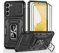 CLYDITE para Funda Samsung S22 Carcasa Silicona Negro con Cristal Templado [2 Piezas] Cubierta de cámara Deslizante TPU 360 Grados Anillo Giratorio Soporte Coche