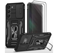 CLYDITE para Funda Samsung S23 Plus Carcasa Silicona Negro con Cristal Templado [2 Piezas] Cubierta de cámara Deslizante TPU 360 Grados Anillo Giratorio Soporte Coche