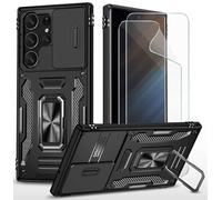 CLYDITE para Funda Samsung S23 Ultra Carcasa Silicona Negro con Protector de Pantalla [2 Piezas] Cubierta de cámara Deslizante TPU 360 Grados Anillo Giratorio Soporte Coche