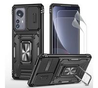 CLYDITE para Funda Xiaomi 12 Carcasa Silicona Negro con Protector de Pantalla [2 Piezas] Cubierta de cámara Deslizante TPU 360 Grados Anillo Giratorio Soporte Coche