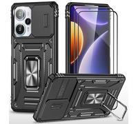 CLYDITE para Funda Xiaomi Poco F5 5G Carcasa Silicona Negro con Cristal Templado [2 Piezas] Cubierta de cámara Deslizante TPU 360 Grados Anillo Giratorio Soporte Coche