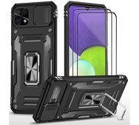 CLYDITE para Funda Xiaomi Redmi 10C Carcasa Silicona Negro con Cristal Templado [2 Piezas] Cubierta de cámara Deslizante TPU 360 Grados Anillo Giratorio Soporte Coche