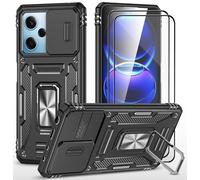 CLYDITE para Funda Xiaomi Redmi 12/Redmi 12 5G Carcasa Silicona Negro con Cristal Templado [2 Piezas] Cubierta de cámara Deslizante TPU 360 Grados Anillo Giratorio Soporte Coche