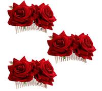 Clyhon 3 Piezas Clips de Pelo de Flor Horquillas con Rosas Accesorios de Mujeres para Boda Fiesta Bailaora de Flamenco, Pinzas de Pelo Tocado (Rojo)