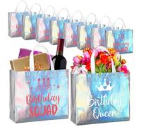 Clysee Paquete de 10 bolsas de regalo reutilizables de cumpleaños con asa, bolsa grande de cumpleaños para mujeres y niñas, dulces 16, 18, 21, spa, fiestas de pijamas (color iridiscente)