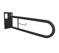 CM BAÑOS - Barra Abatible de Acero con Portarrollos Incorporado, Barra Baño Minusválido, Barra WC Seguridad Giratoria y Plegable a Pared, Negro Mate, 73 cm