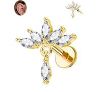 CM Crareesi Mania Lotus - Pendiente de tuerca con parte trasera plana, oro y plata, 16 g, piercing de hélice, joyería colgante, marquesa, circonita cúbica, acero inoxidable, rosca interna, cartílago
