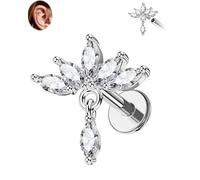 CM Crareesi Mania Lotus - Pendiente de tuerca con parte trasera plana, oro y plata, 16 g, piercing de hélice, joyería colgante, marquesa, circonita cúbica, acero inoxidable, rosca interna, cartílago