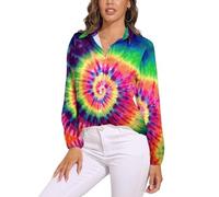 Cmagnifico Blusa de manga larga para mujer, diseño de tortuga marina de acuarela, camisa con botones para fiesta de trabajo, Colorido teñido anudado brillante, 3XL