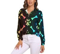 Cmagnifico Blusa para mujer, diseño floral de la Torre Eiffel de París, camisa de manga larga con botones para fiesta de trabajo, Huesos y patas coloridos, XL