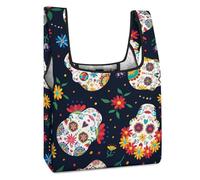 Cmagnifico Bolsa de compras plegable, con notas musicales coloridas, reutilizable, bolsa de comestibles, bolsa de mano lavable para uso diario, bolsas de viaje, Calavera mexicana de azúcar, Talla