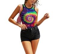 Cmagnifico Camiseta sin mangas con diseño de gato con gafas para mujer, camiseta sin mangas para yoga, chaleco deportivo, Colorido teñido anudado brillante, M