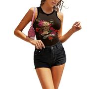 Cmagnifico Camiseta sin mangas, diseño de hoja de palma y Monstera para mujer, camiseta sin mangas, camiseta de yoga, chaleco deportivo, Floral Sugar Skull Día de los Muertos, S