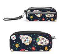 Cmagnifico Estuche de cuero para lápices, bolsa de papelería de calavera mexicana de azúcar utilizada como estuche para lápices para oficina y escuela, bolsa de viaje de negocios o caja de
