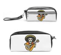 Cmagnifico Estuche de cuero para lápices, diseño de calavera de guitarra mexicana, bolsa de papelería utilizada como estuche para lápices para oficina y escuela, bolsa de viaje de negocios o caja de
