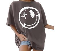 CMTOP Camiseta Mujer Manga Corta Oversize T-Shirt Verano Cuello Redondo Talla Grande Blusas Sólido Camisa Suelto Algodon Casual Camisetas Básica Tops con Estampado(Gris Oscuro, S)