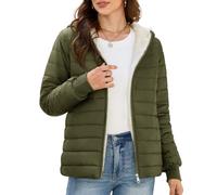 CMTOP Chaqueta Mujer Corta Ligera, Forro Polar Cálido Chaqueta Acolchada, Resistente al Agua y al Viento Parka de Manga Larga Con Capucha y Bolsillos para Invierno Primavera Otoño(Verde Militar,M)