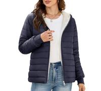 CMTOP Chaqueta Mujer Corta Ligera, Forro Polar Cálido Chaqueta Acolchada, Resistente al Agua y al Viento Parka de Manga Larga Con Capucha y Bolsillos para Invierno Primavera Otoño(Azul Marino,L)