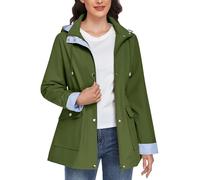 CMTOP Chubasquero Mujer Impermeable Chaqueta Largo Ligera Abrigo Transpirable Cortaviento con Capucha Parkas Casual Cremallera Raincoat Primavera Otoño para Exteriores(Verde Militar, M)