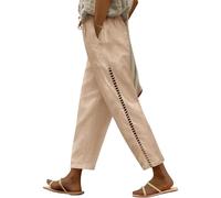 CMTOP Pantalones Mujer Verano Casuales de Lino Pantalon Elástico Cintura Suelta Pantalon Cómodo Ligero Pantalones Flojo Playa con Bolsillos Cordón (Caqui, XL)
