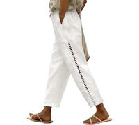 CMTOP Pantalones Mujer Verano Casuales de Lino Pantalon Elástico Cintura Suelta Pantalon Cómodo Ligero Pantalones Flojo Playa con Bolsillos Cordón (Blanco, L)