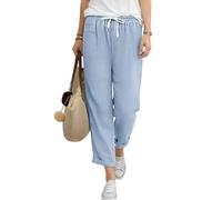 CMTOP Pantalones Mujer Verano Cintura Elástico Casual Pantalones Ligero Algodón 7/8 Pantalon Anchos Suelto Cómodos Flojo Playa Pantalón Pirata con Bolsillos (Azul, L)