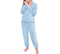 CMTOP Pijama Mujer Invierno Cálido Conjunto de Pijama Forro Polar Invierno Dormir 2 Piezas de Casa Suave y Esponjosa Pijama Calentito Manga Larga y Pantalones Largos con Bolsillos(Azul Claro, M)