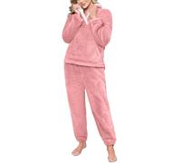 CMTOP Pijama Mujer Invierno Cálido Conjunto de Pijama Forro Polar Invierno Dormir 2 Piezas de Casa Suave y Esponjosa Pijama Calentito Manga Larga y Pantalones Largos con Bolsillos(Naranja-Rosa, XXL)