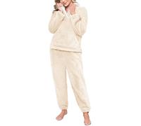 CMTOP Pijama Mujer Invierno Cálido Conjunto de Pijama Forro Polar Invierno Dormir 2 Piezas de Casa Suave y Esponjosa Pijama Calentito Manga Larga y Pantalones Largos con Bolsillos(Champán, XXL)