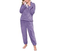 CMTOP Pijama Mujer Invierno Cálido Conjunto de Pijama Forro Polar Invierno Dormir 2 Piezas de Casa Suave y Esponjosa Pijama Calentito Manga Larga y Pantalones Largos con Bolsillos(Morado, M)