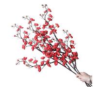cn-Knight 3 ramas artificiales de cerezo en flor, tallo largo de 37 pulgadas, flor de ciruela de seda con brotes, albaricoque japonés realista para decoración del hogar, centro de mesa, ramo de boda,