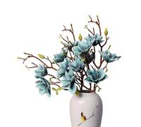 cn-Knight 3 ramas de flores artificiales de magnolia, tallo de 31 pulgadas de largo, flores sintéticas de alta calidad para decoración del hogar, centros de mesa y arreglos de boda, color azul