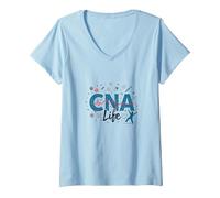 CNA Life: Latido del corazón de los héroes de la atención médica Camiseta Cuello V, Mujer, Azul Bebé, S
