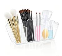 CNANRNANC Portalápices acrílico, organizador de escritorio acrílico transparente con cuatro compartimentos y elegantes bordes festoneados para organizar suministros de escritorio