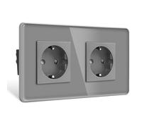 CNBINGO 2 enchufes dobles empotrados de cristal, color gris | Enchufe doble estándar de la UE con seguridad para niños, 16 A 250 V
