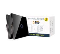 CNBINGO 2 paquetes Interruptor de luz táctil, interruptor Negro, panel de vidrio de sistema táctil y un LED de estado, no se requiere un conductor neutral, 1 bandas de, AC 240 V, 800 W/bandas de