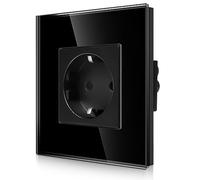 CNBINGO Enchufe de pared empotrable de vidrio individual en negro - Simple enchufe Schuko con protección para niños - Enchufe de pared de 16 A con marco de vidrio