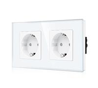 CNBINGO Enchufe doble de cristal empotrado, color blanco, enchufe Schuko doble con protección para niños, 16 amperios, enchufe de pared con marco de cristal