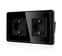 CNBINGO Enchufe doble de cristal para empotrar - Doble enchufe Schuko con placa de cristal curvado 2,5D - 16 Amp - Enchufe de pared con protección de seguridad para niños - 2 compartimentos negro
