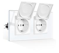 CNBINGO Enchufe Doble Impermeable con Tapa Plegable, Schuko Enchufe Empotrado con Garras, Tapa, Cristal Blanco, Enchufe Protector, 1 Pliegue, 16 A, 250 V